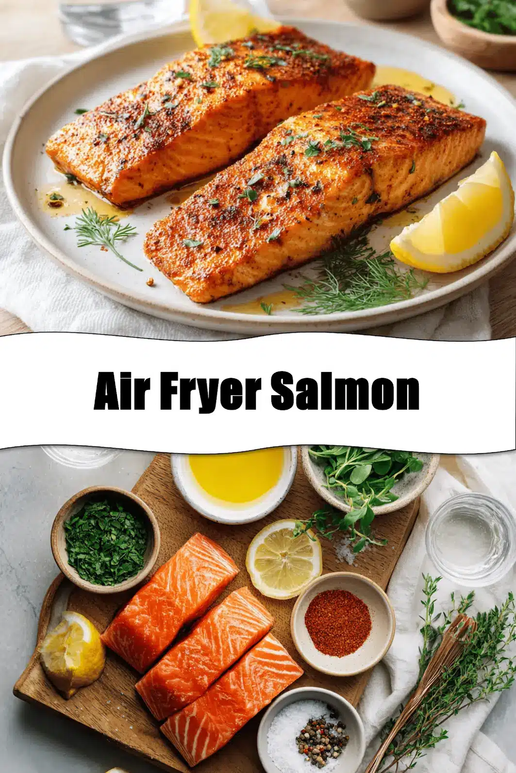 Air Fryer Salmon on ceramic plate with lemon wedges and fresh herbs_pin