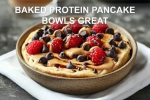 BAKED PROTEIN PANCAKE BOWLS GREAT finished bowl with berries peanut butter chocolate chips and syrup
