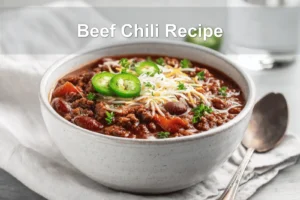 Beef Chili Recipe hearty bowl with shredded cheese fresh herbs jalapeños on white napkin