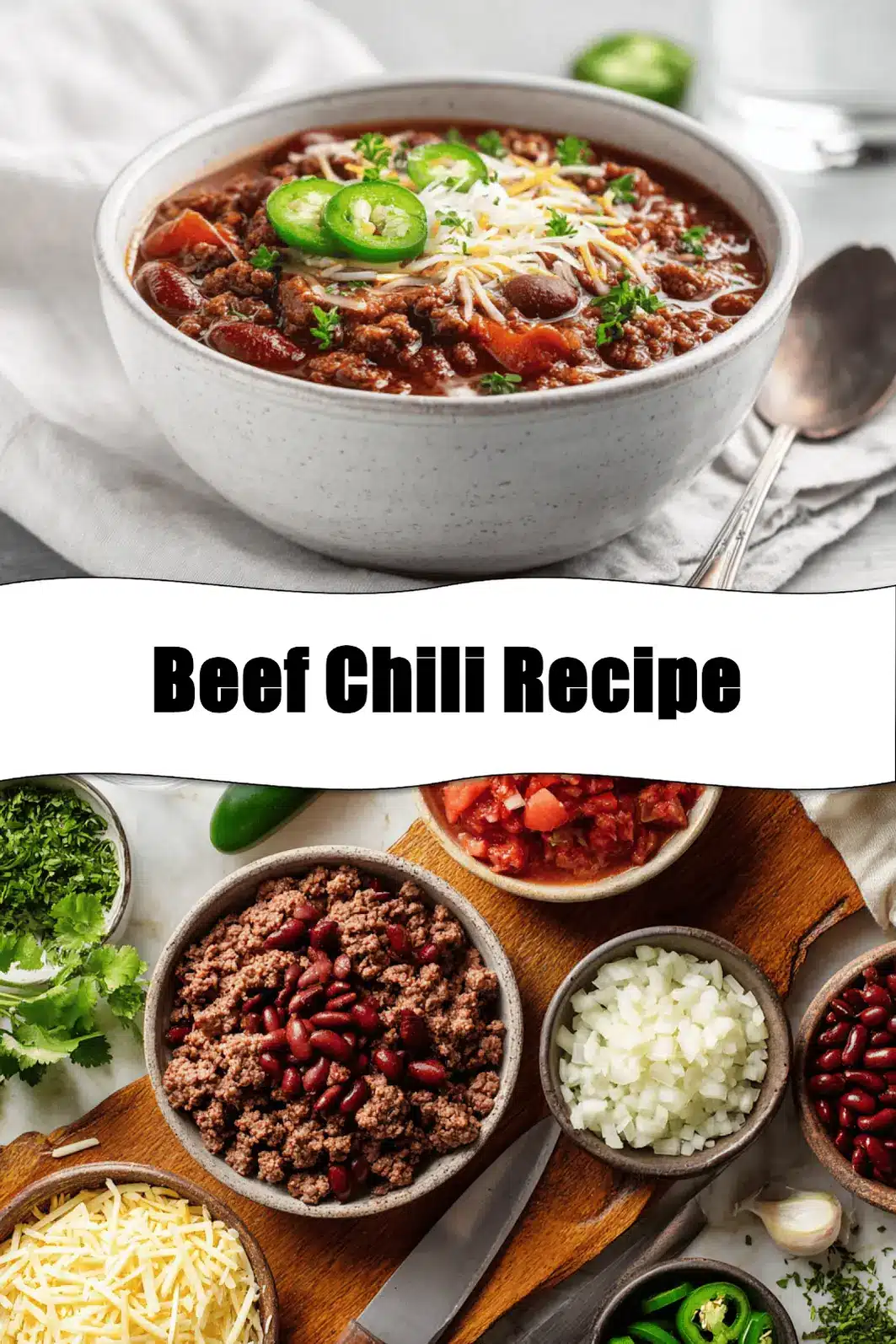 Beef Chili Recipe hearty bowl with shredded cheese fresh herbs jalapeños on white napkin_pin