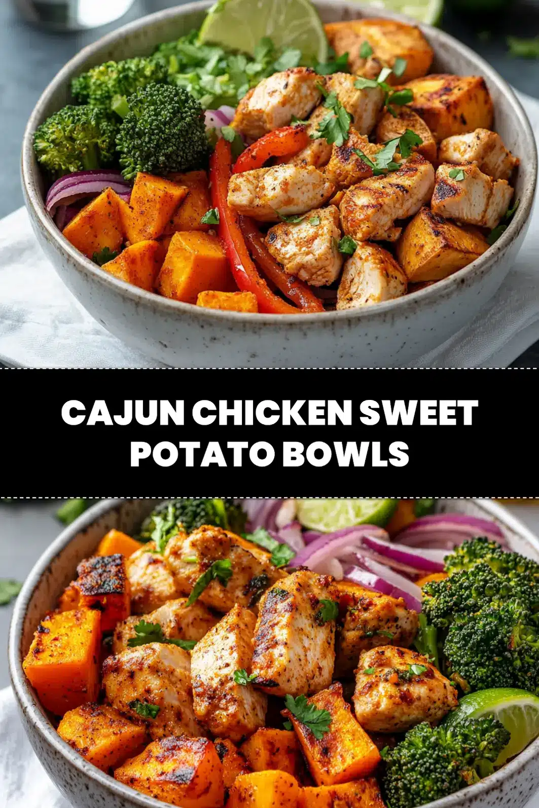 CAJUN CHICKEN SWEET POTATO BOWLS vibrant bowl with roasted sweet potatoes chicken peppers and herbs_pin