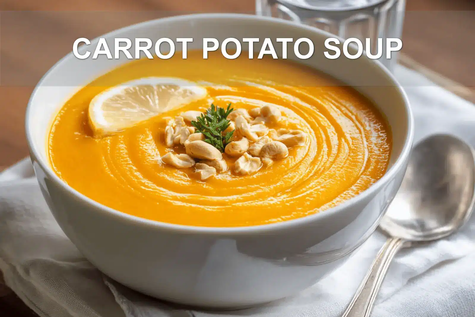 Carrot Potato Soup - Simple and Delicious Recipe 3 CARROT POTATO SOUP creamy bowl on white cloth with clear glass of water warm natural lighting
