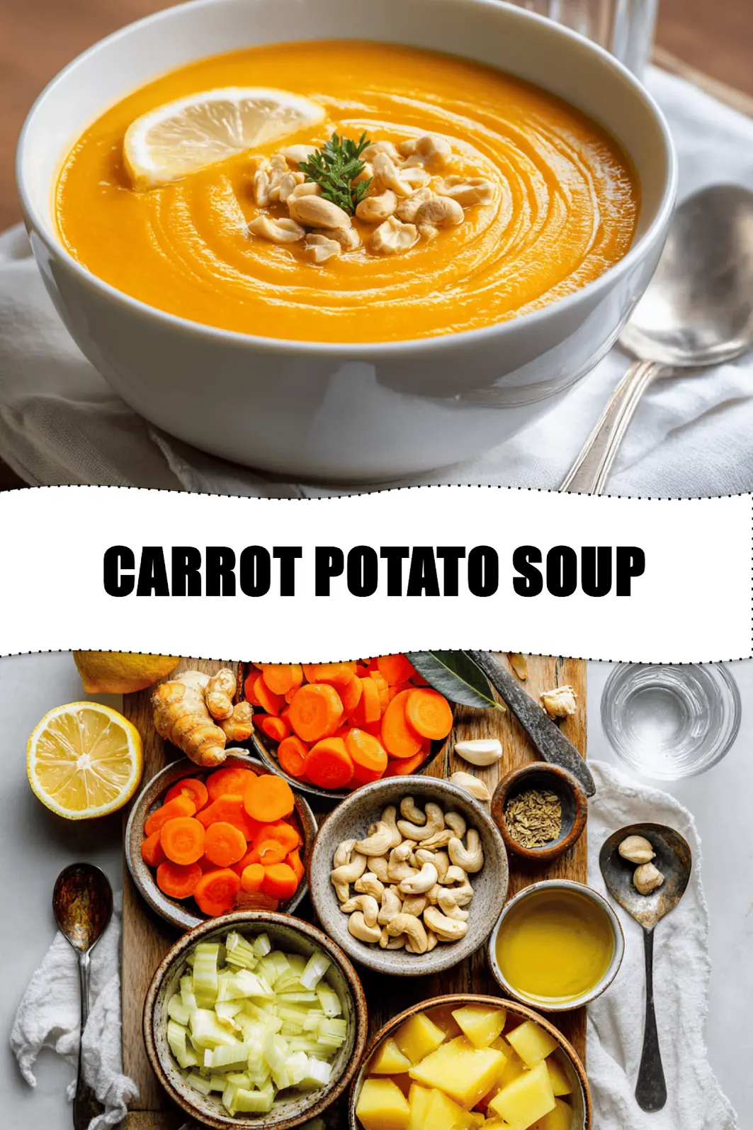 Carrot Potato Soup - Simple and Delicious Recipe 2 CARROT POTATO SOUP creamy bowl on white cloth with clear glass of water warm natural lighting_pin