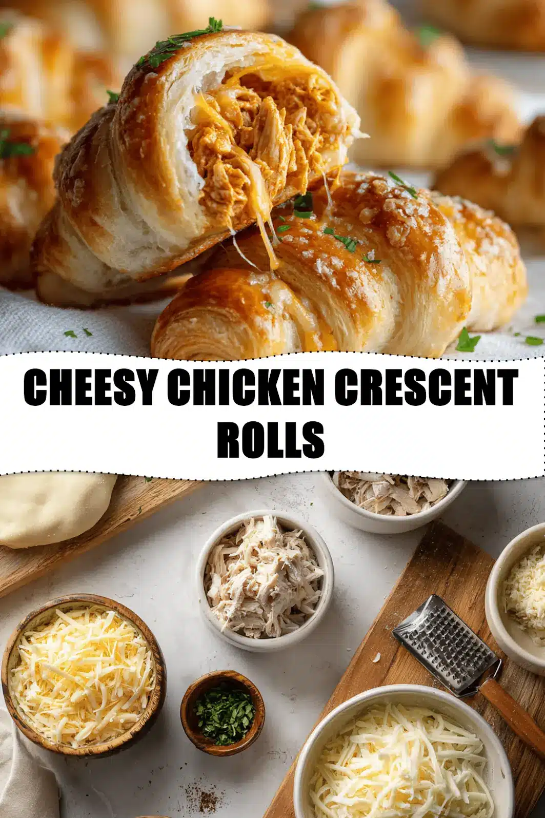 Cheesy Chicken Crescent Rolls: Easy Delicious Supper 3 CHEESY CHICKEN CRESCENT ROLLS golden baked crescents with melted cheese and herb garnish_pin