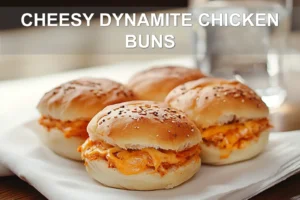 CHEESY DYNAMITE CHICKEN BUNS golden baked buns with melted cheese and spicy filling