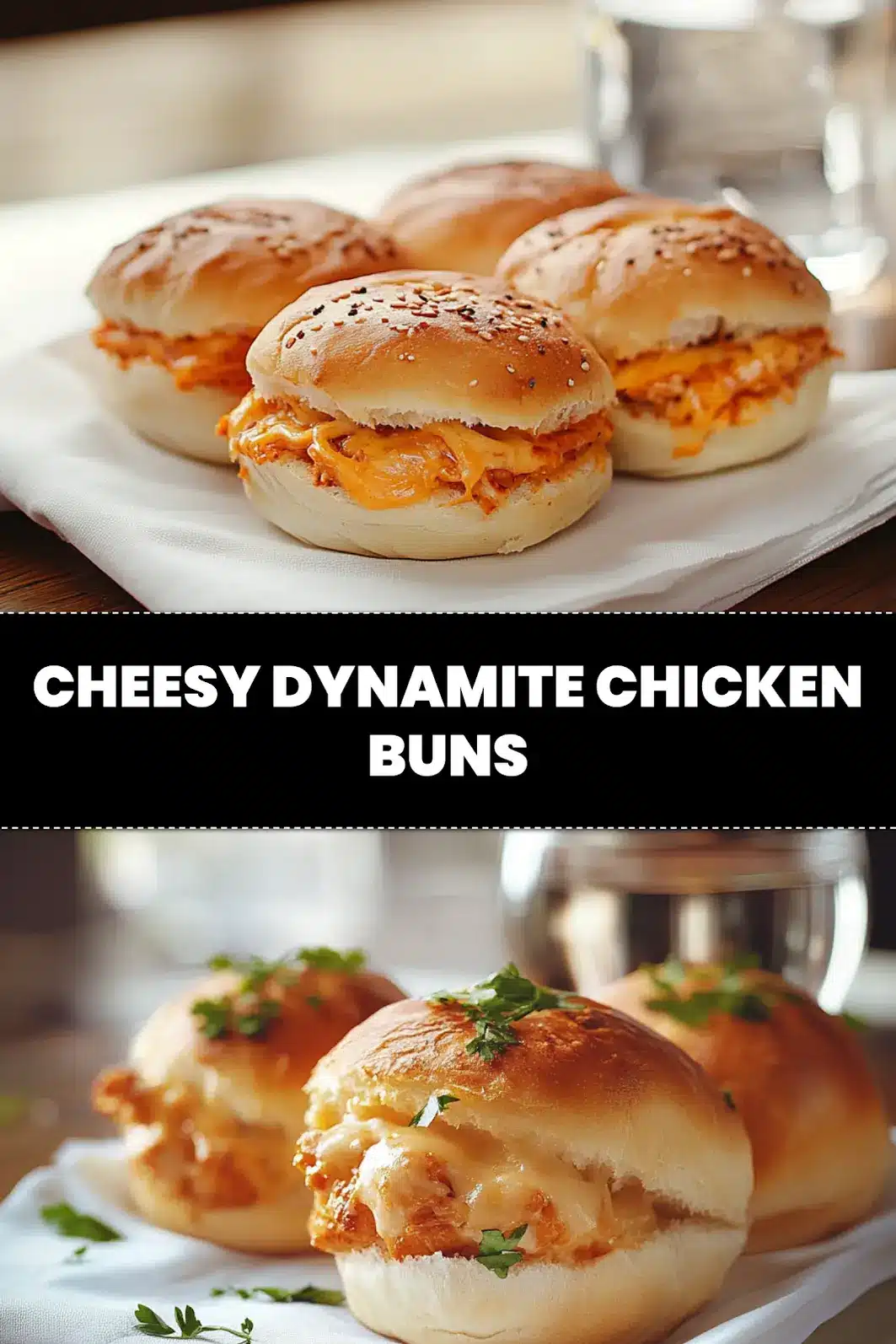 CHEESY DYNAMITE CHICKEN BUNS golden baked buns with melted cheese and spicy filling_pin