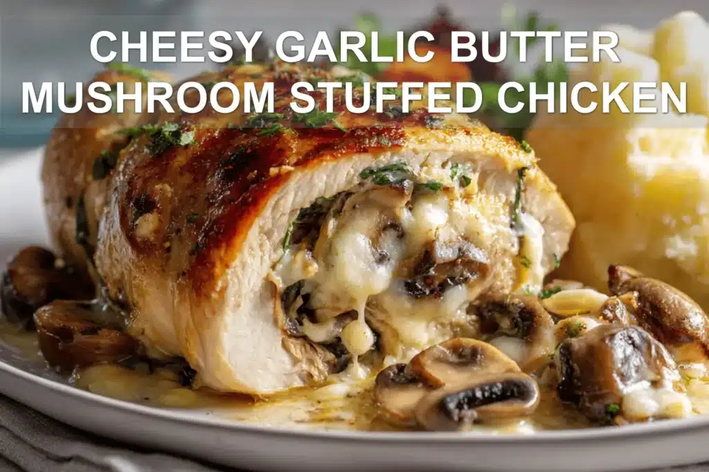 CHEESY GARLIC BUTTER MUSHROOM STUFFED CHICKEN plated with roasted vegetables and creamy mashed potatoes