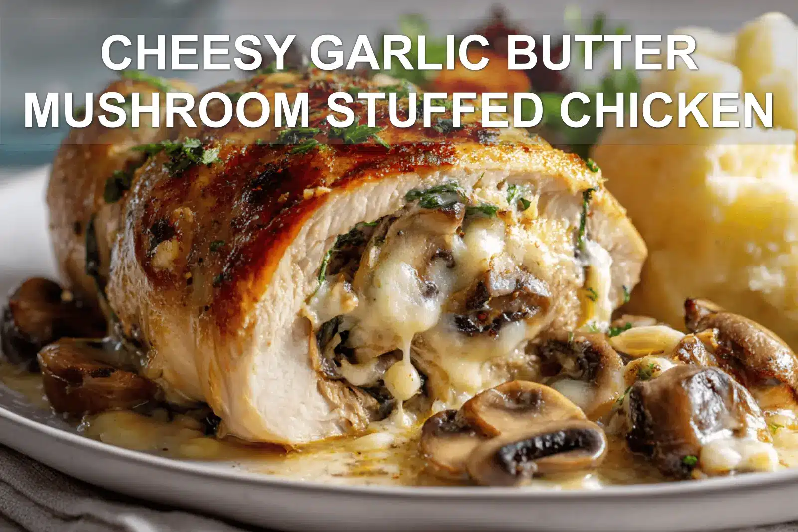CHEESY GARLIC BUTTER MUSHROOM STUFFED CHICKEN plated with roasted vegetables and creamy mashed potatoes