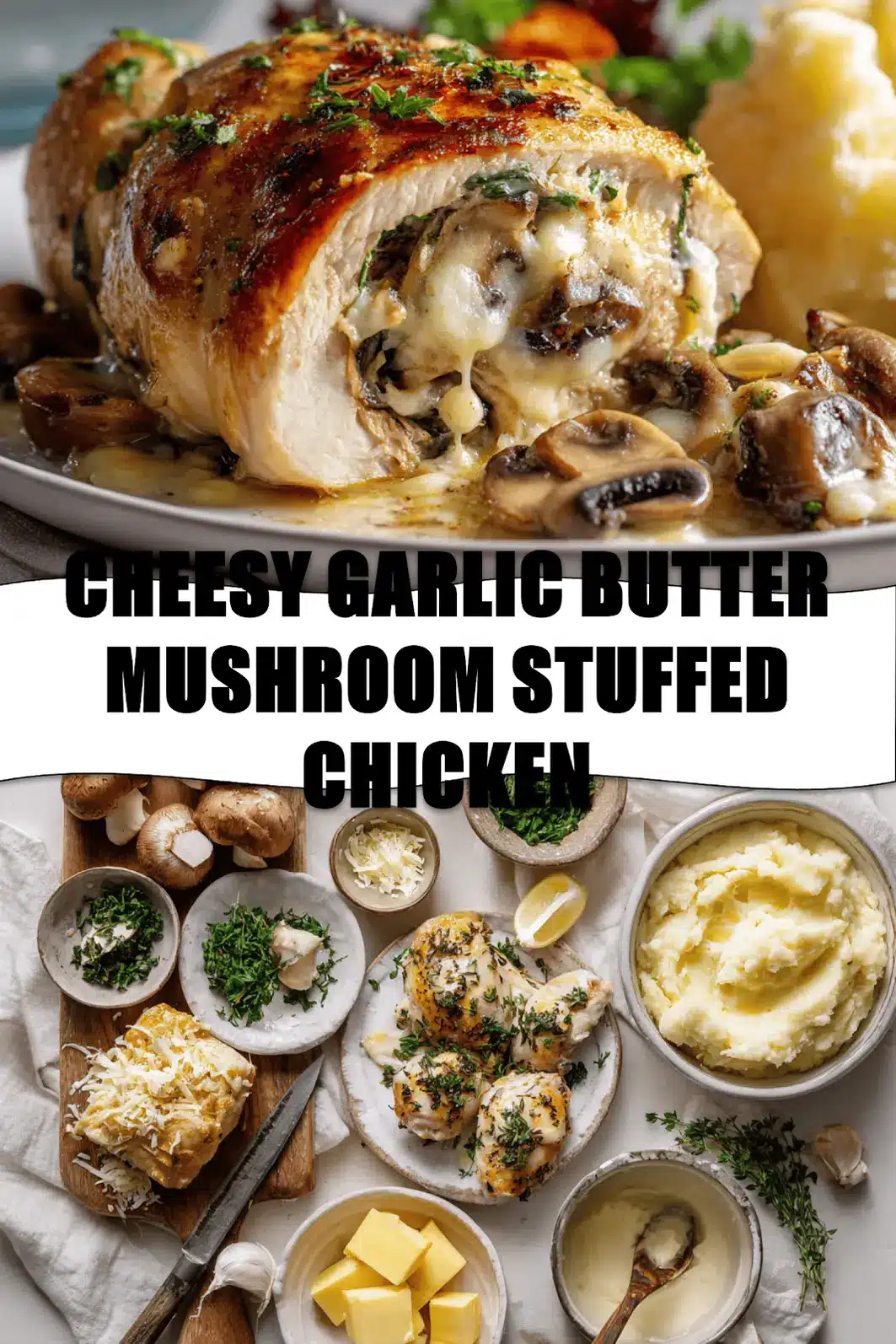 CHEESY GARLIC BUTTER MUSHROOM STUFFED CHICKEN plated with roasted vegetables and creamy mashed potatoes_pin