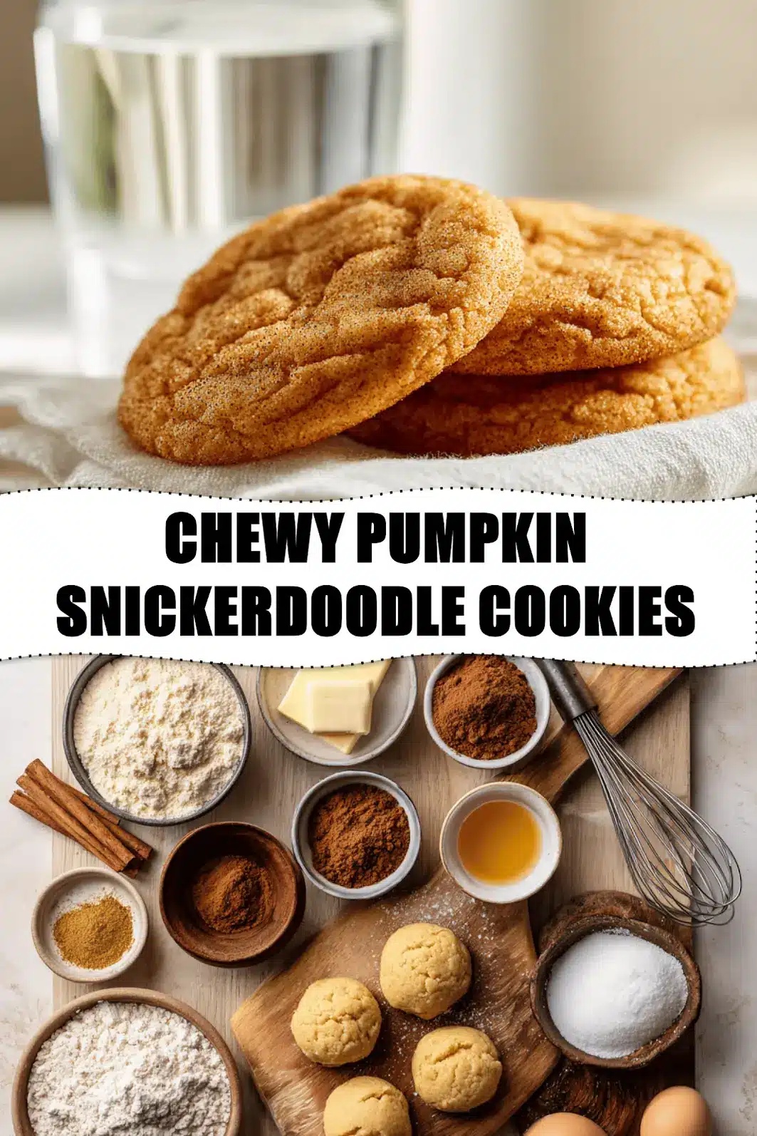Chewy Pumpkin Snickerdoodle Cookies: Irresistibly Soft and Easy Recipe 2 CHEWY PUMPKIN SNICKERDOODLE COOKIES warm soft cookies on white napkin with clear glass water_pin