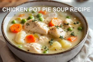CHICKEN POT PIE SOUP RECIPE warm bowl of chicken pot pie soup with creamy vegetables and thyme