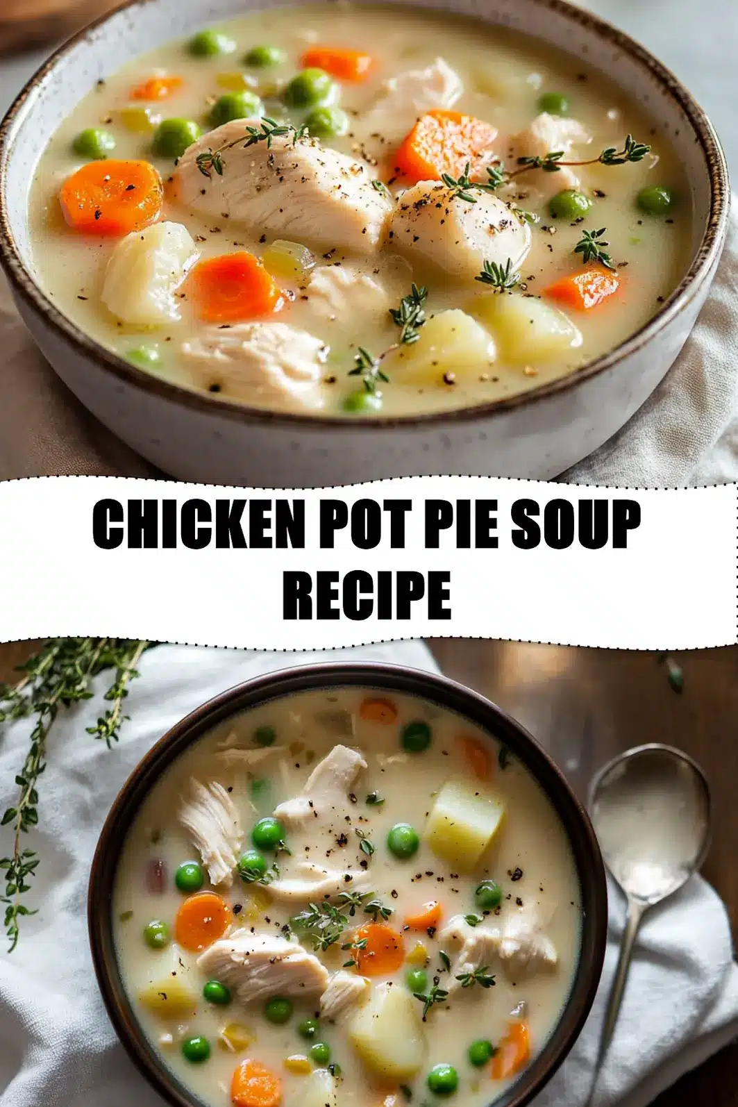 CHICKEN POT PIE SOUP RECIPE warm bowl of chicken pot pie soup with creamy vegetables and thyme_pin