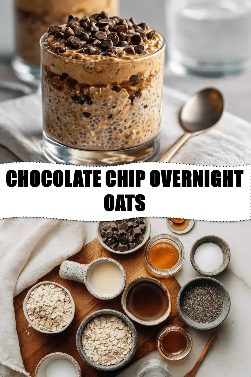 Chocolate Chip Overnight Oats: Easy Irresistible Recipe 2 CHOCOLATE CHIP OVERNIGHT OATS creamy jar topped with vegan chips in warm natural light_pin