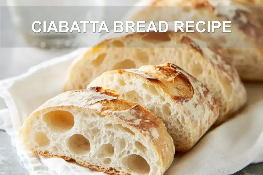 CIABATTA BREAD RECIPE artisan loaves on white napkin warm natural light appetizing close up