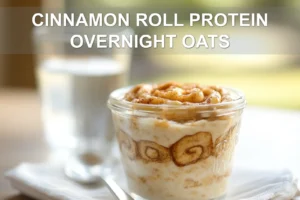 CINNAMON ROLL PROTEIN OVERNIGHT OATS jar with cinnamon swirl on white napkin beside water