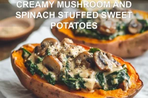 Creamy Mushroom and Spinach Stuffed Sweet Potatoes - Easy & Irresistible CREAMY MUSHROOM AND SPINACH STUFFED SWEET POTATOES plated with tahini drizzle lemon wedge warm rustic styling