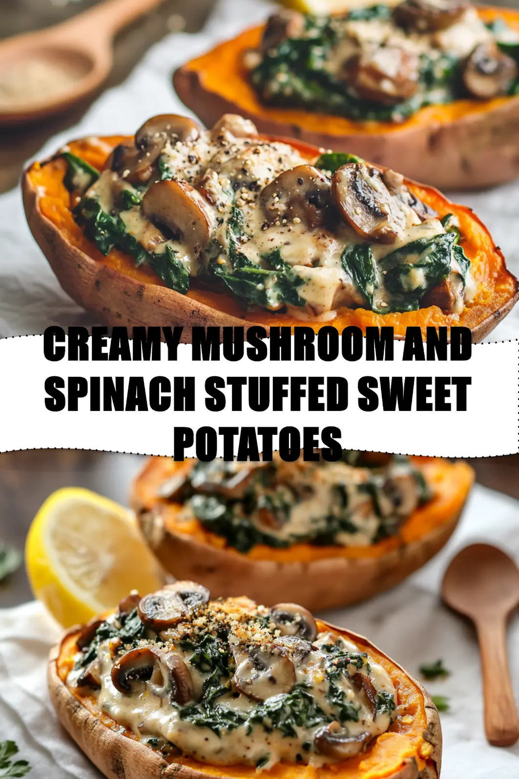 Creamy Mushroom and Spinach Stuffed Sweet Potatoes - Easy & Irresistible 3 CREAMY MUSHROOM AND SPINACH STUFFED SWEET POTATOES plated with tahini drizzle lemon wedge warm rustic styling_pin