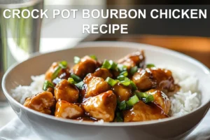 CROCK POT BOURBON CHICKEN RECIPE glazed chicken in bowl on white napkin with clear water