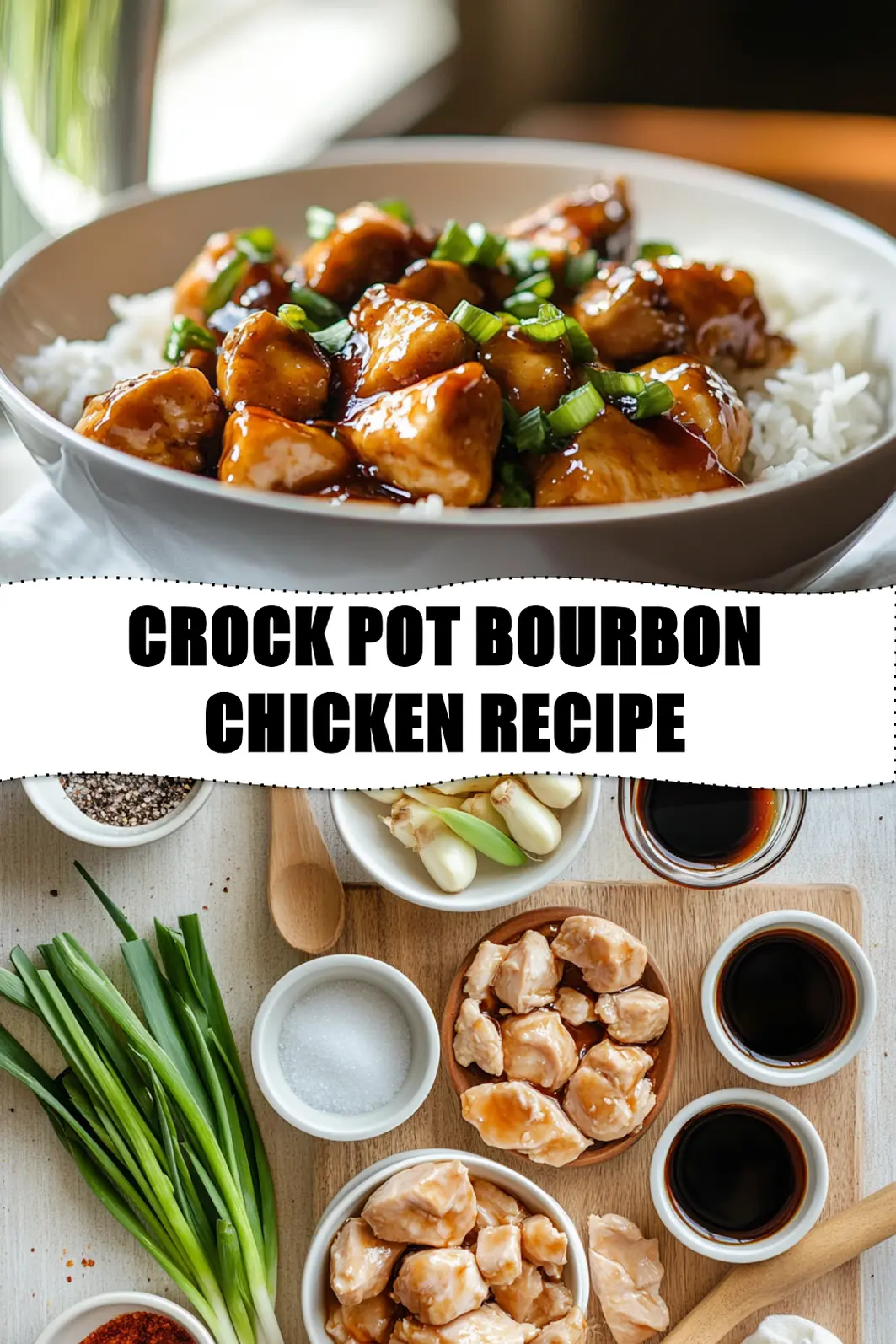 CROCK POT BOURBON CHICKEN RECIPE glazed chicken in bowl on white napkin with clear water_pin