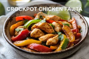 CROCKPOT CHICKEN FAJITA plated with tortillas lime wedges vibrant peppers and taco spice