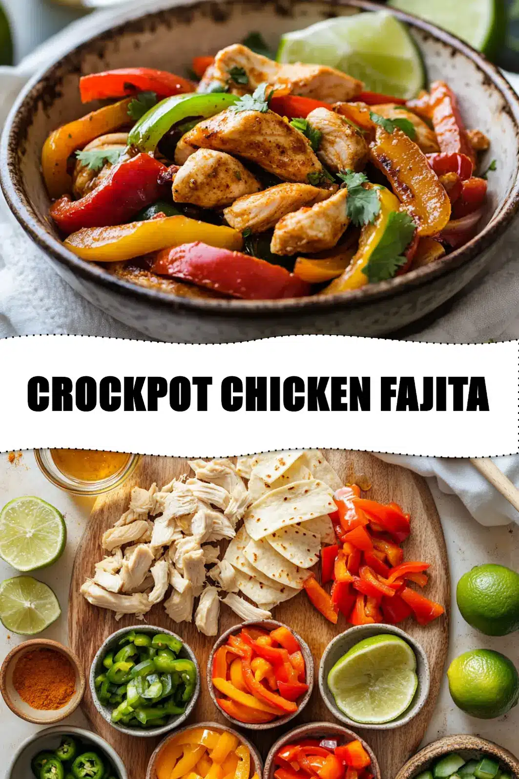 Crockpot Chicken Fajita: Easy and Delicious Recipe 3 CROCKPOT CHICKEN FAJITA plated with tortillas lime wedges vibrant peppers and taco spice_pin