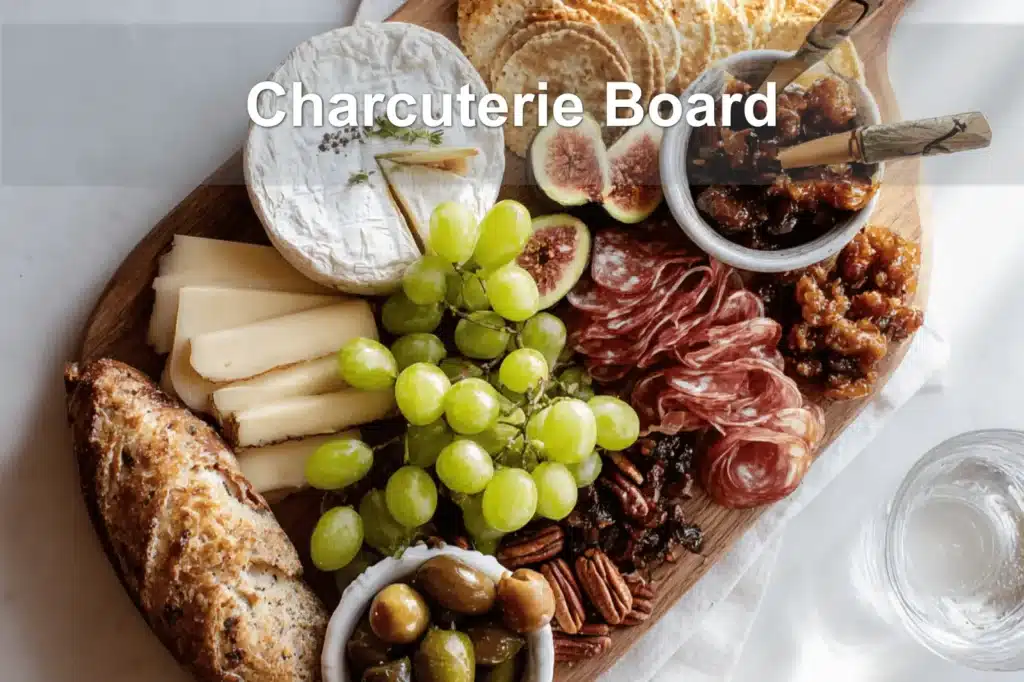 Charcuterie Board with brie prosciutto grapes figs crackers on warm styled table