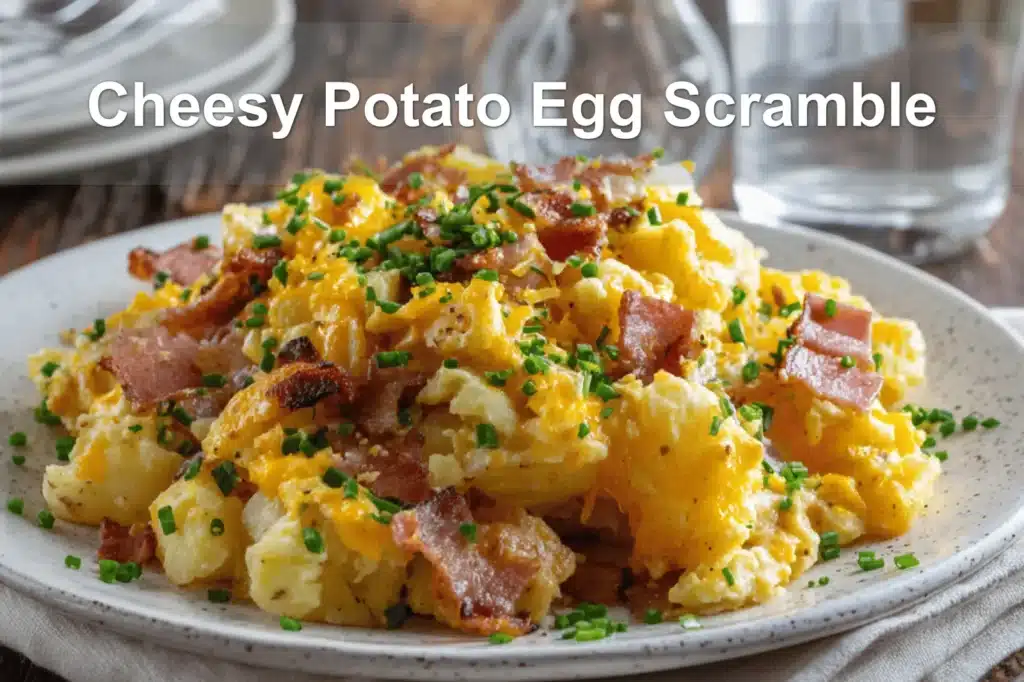 Cheesy Potato Egg Scramble plated with crispy potatoes scrambled eggs cheddar bacon and chives