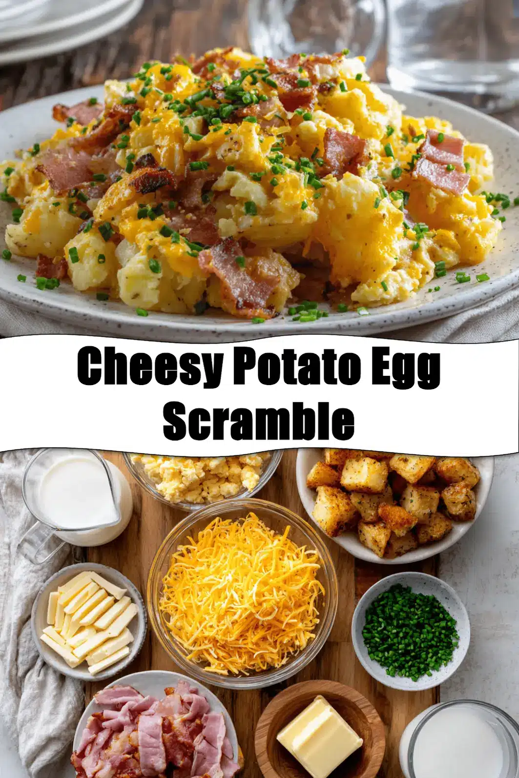 Cheesy Potato Egg Scramble plated with crispy potatoes scrambled eggs cheddar bacon and chives_pin