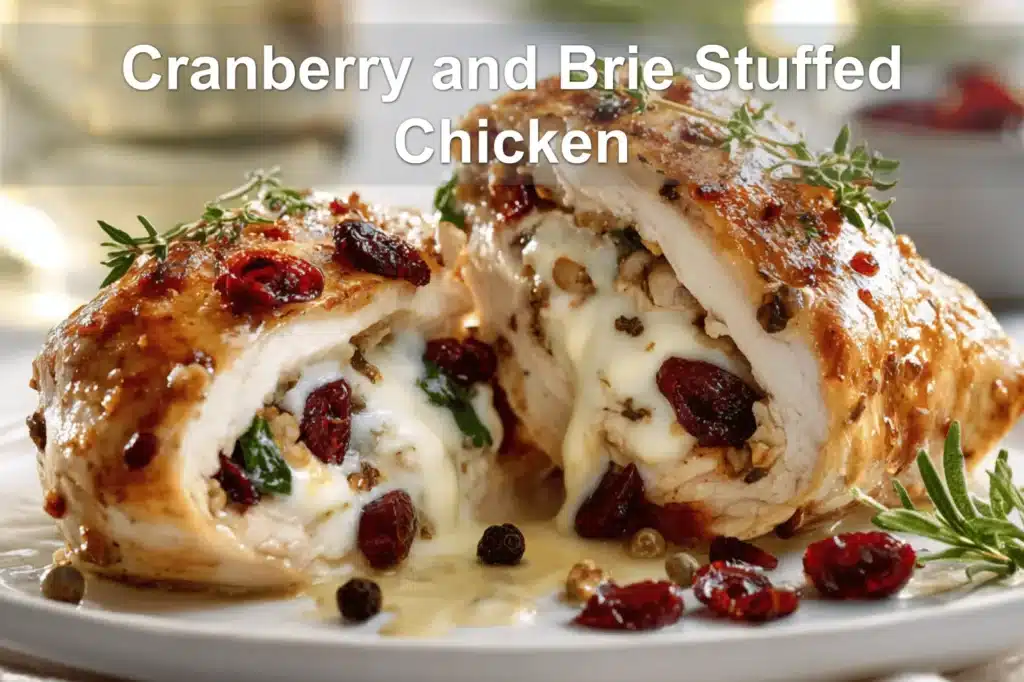 Cranberry and Brie Stuffed Chicken warm plated close up with thyme and spinach for blog header