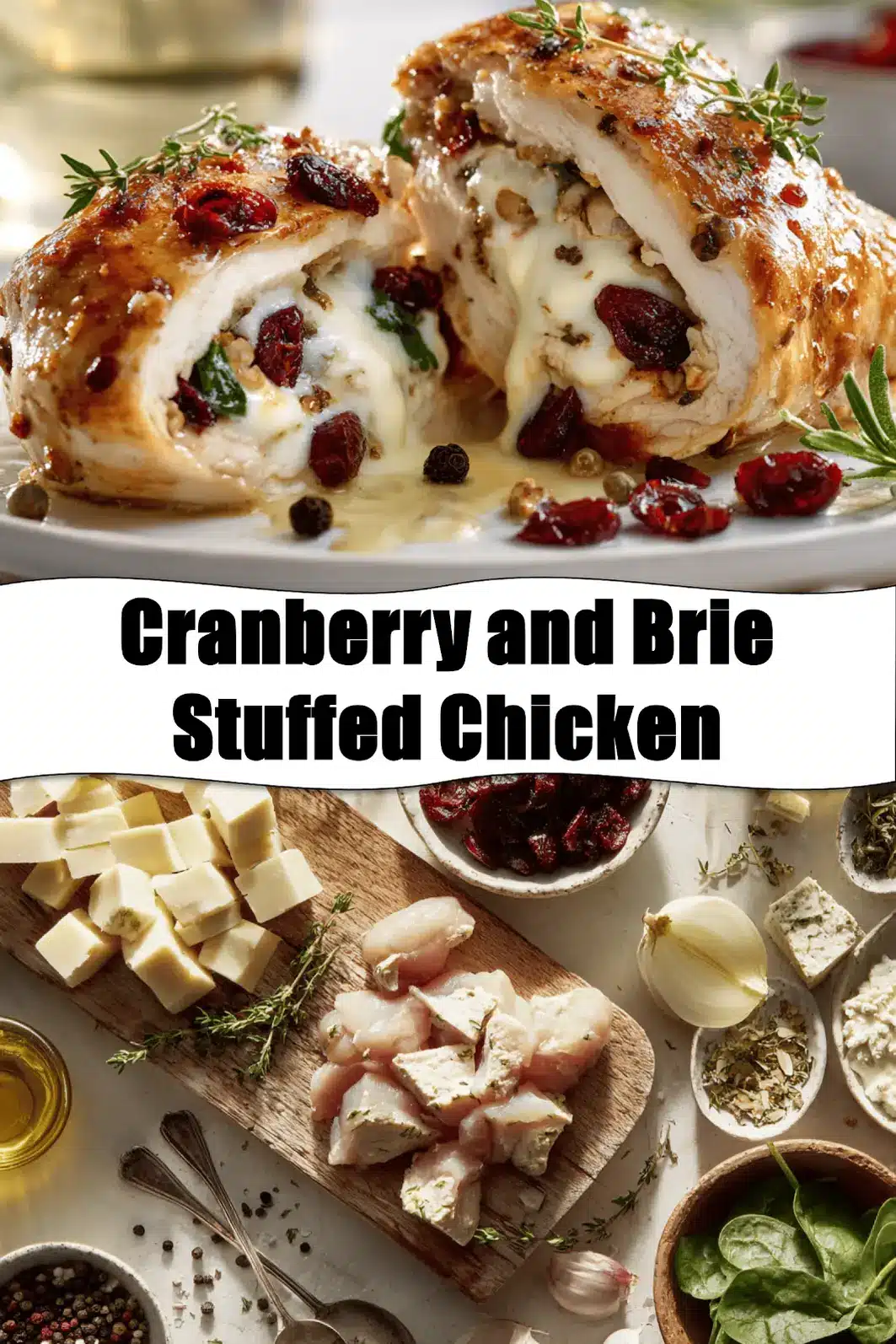 Cranberry and Brie Stuffed Chicken warm plated close up with thyme and spinach for blog header_pin