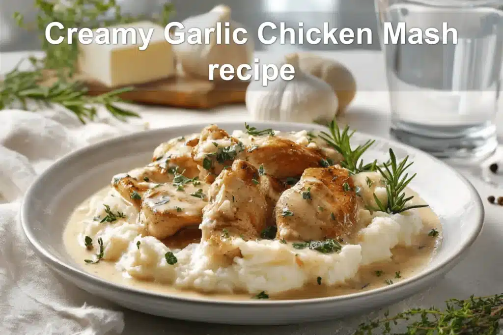 Creamy Garlic Chicken Mash recipe plated with mashed potatoes rosemary garnish warm inviting blog photo