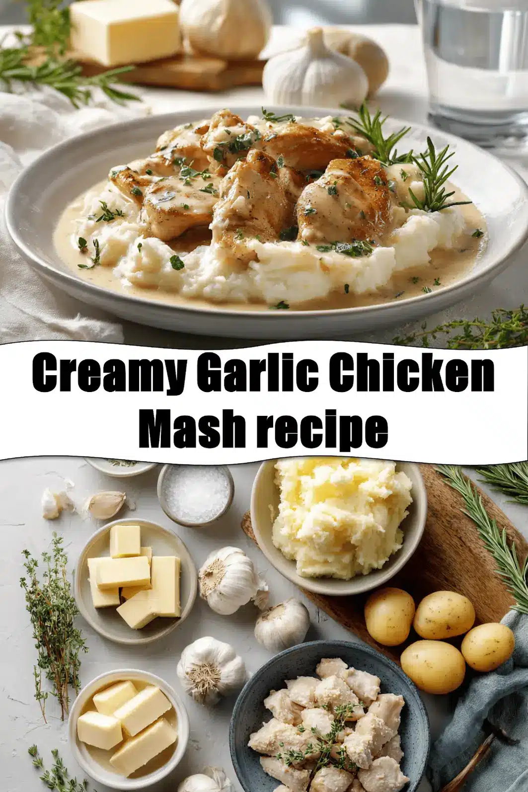 Creamy Garlic Chicken & Mash Recipe: Irresistible Comfort Food 2 Creamy Garlic Chicken Mash recipe plated with mashed potatoes rosemary garnish warm inviting blog photo_pin