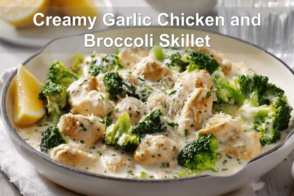 Creamy Garlic Chicken and Broccoli Skillet close up with creamy sauce broccoli and rice warm tones