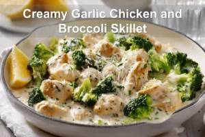 Creamy Garlic Chicken and Broccoli Skillet close up with creamy sauce broccoli and rice warm tones