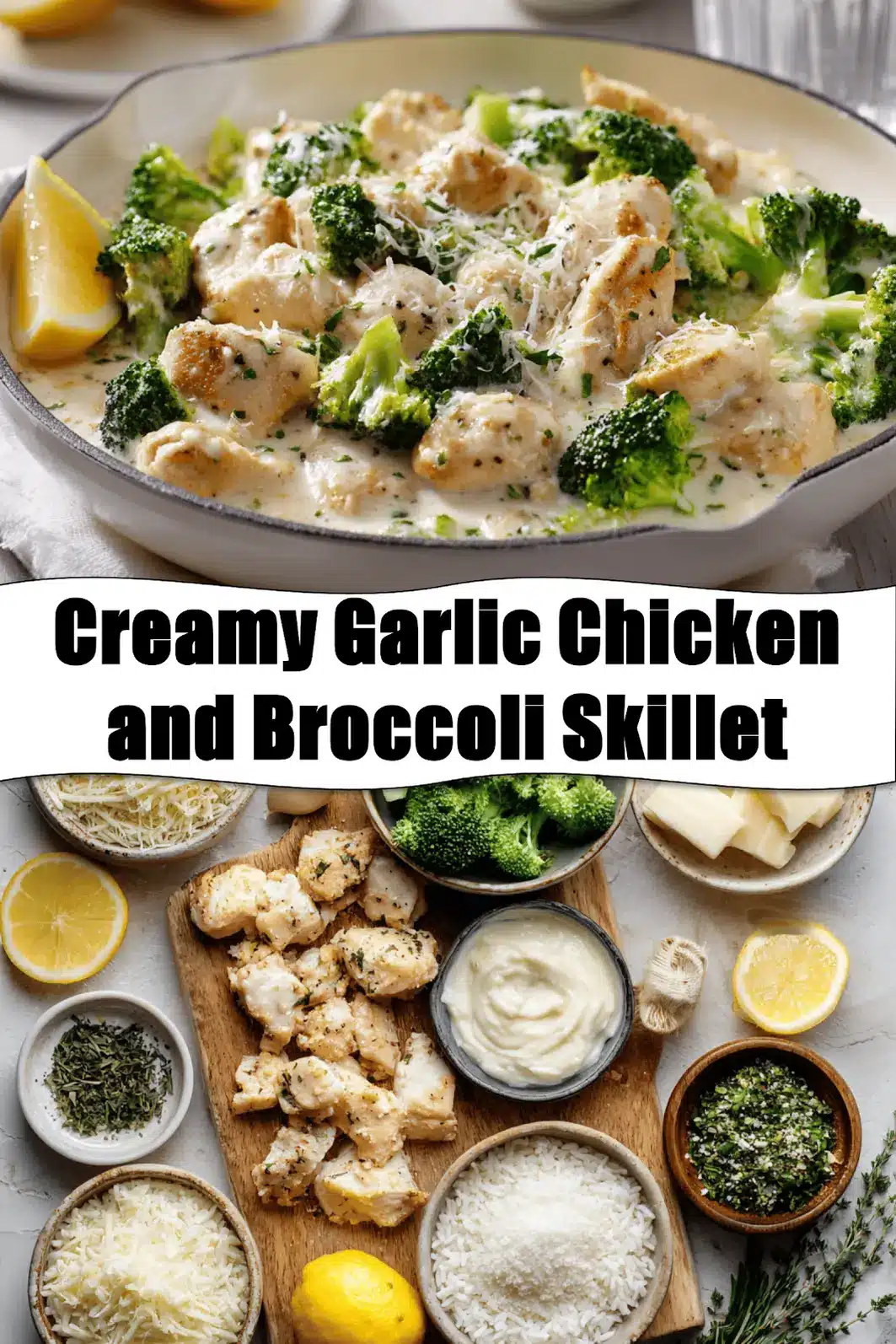 Creamy Garlic Chicken and Broccoli Skillet close up with creamy sauce broccoli and rice warm tones_pin