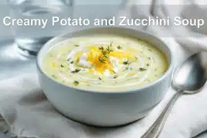 Creamy Potato and Zucchini Soup in white bowl on linen garnished with thyme and melted cheddar