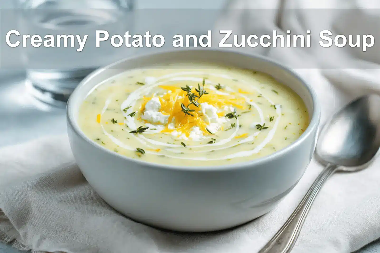 Creamy Potato and Zucchini Soup in white bowl on linen garnished with thyme and melted cheddar