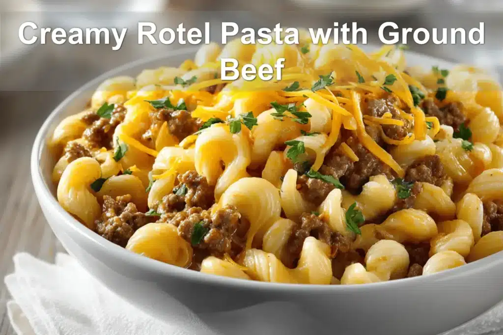 Creamy Rotel Pasta with Ground Beef plated with melted cheese and fresh herbs