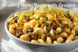 Creamy Rotel Pasta with Ground Beef plated with melted cheese and fresh herbs
