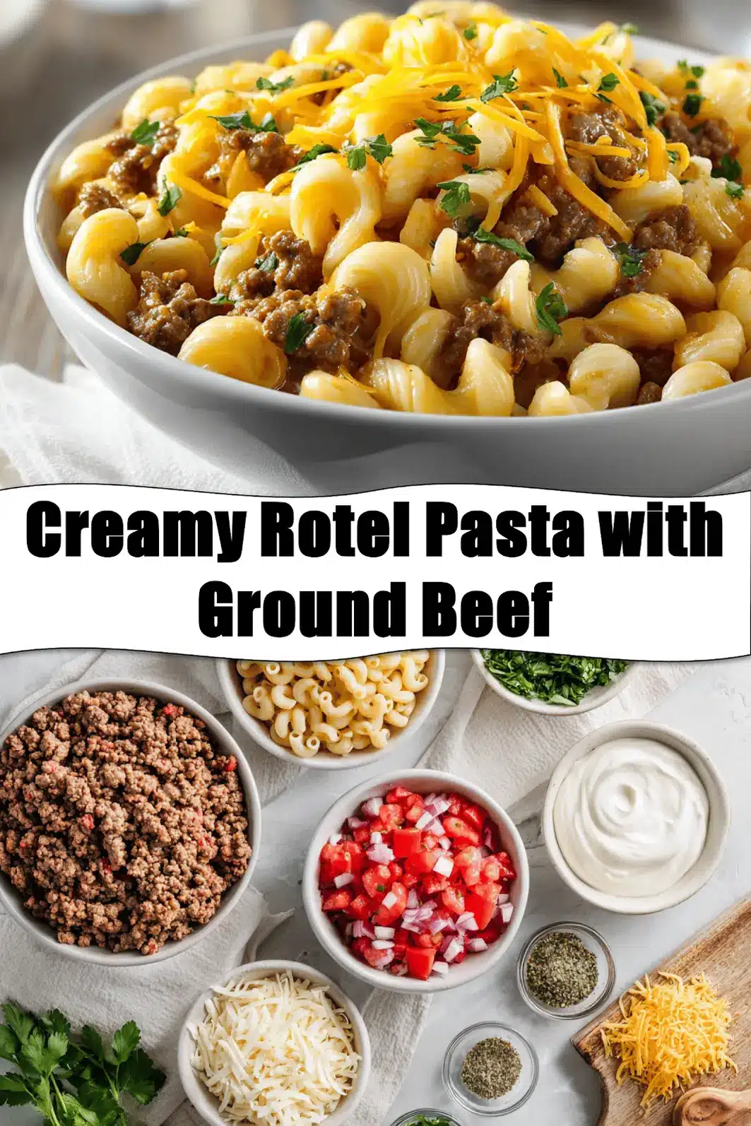 Creamy Rotel Pasta with Ground Beef plated with melted cheese and fresh herbs_pin