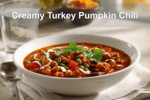 Creamy Turkey Pumpkin Chili in bowl on white napkin with glass of water