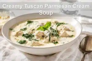 Creamy Tuscan Parmesan Cream Soup in ceramic bowl garnished with basil and grated Parmesan