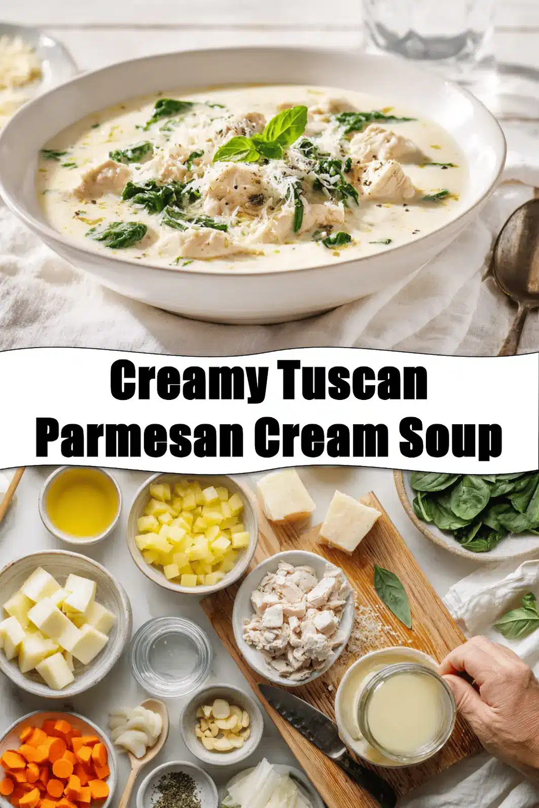 Creamy Tuscan Parmesan Cream Soup in ceramic bowl garnished with basil and grated Parmesan_pin