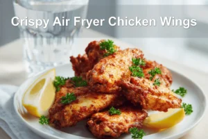 Crispy Air Fryer Chicken Wings served on white napkin with clear glass of water warm lighting