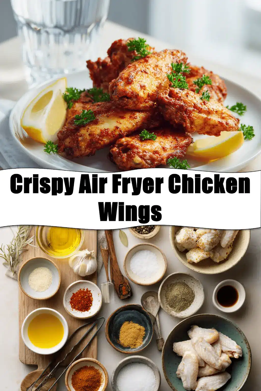 Crispy Air Fryer Chicken Wings served on white napkin with clear glass of water warm lighting_pin