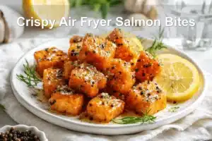 Crispy Air Fryer Salmon Bites golden cubes with lemon and herbs on white napkin