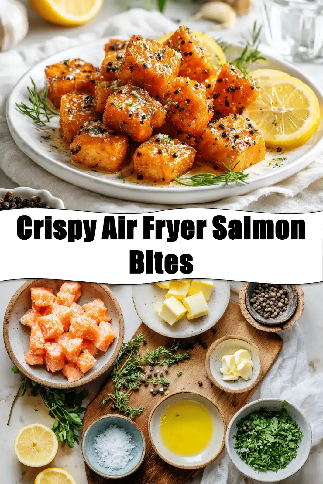 Crispy Air Fryer Salmon Bites golden cubes with lemon and herbs on white napkin_pin