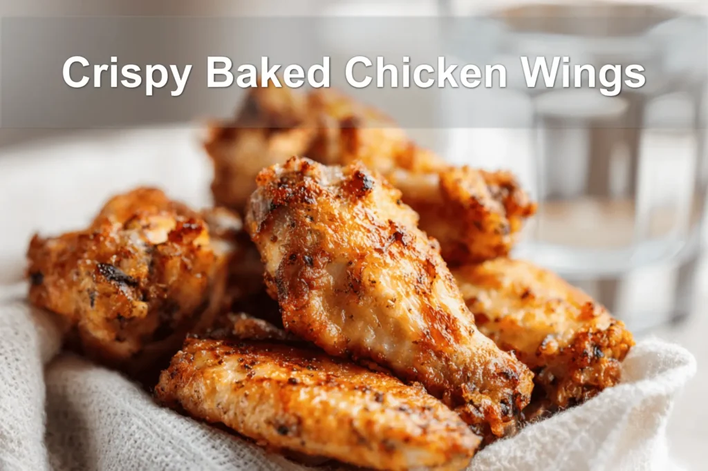 Crispy Baked Chicken Wings on white napkin with clear water glass warm natural light