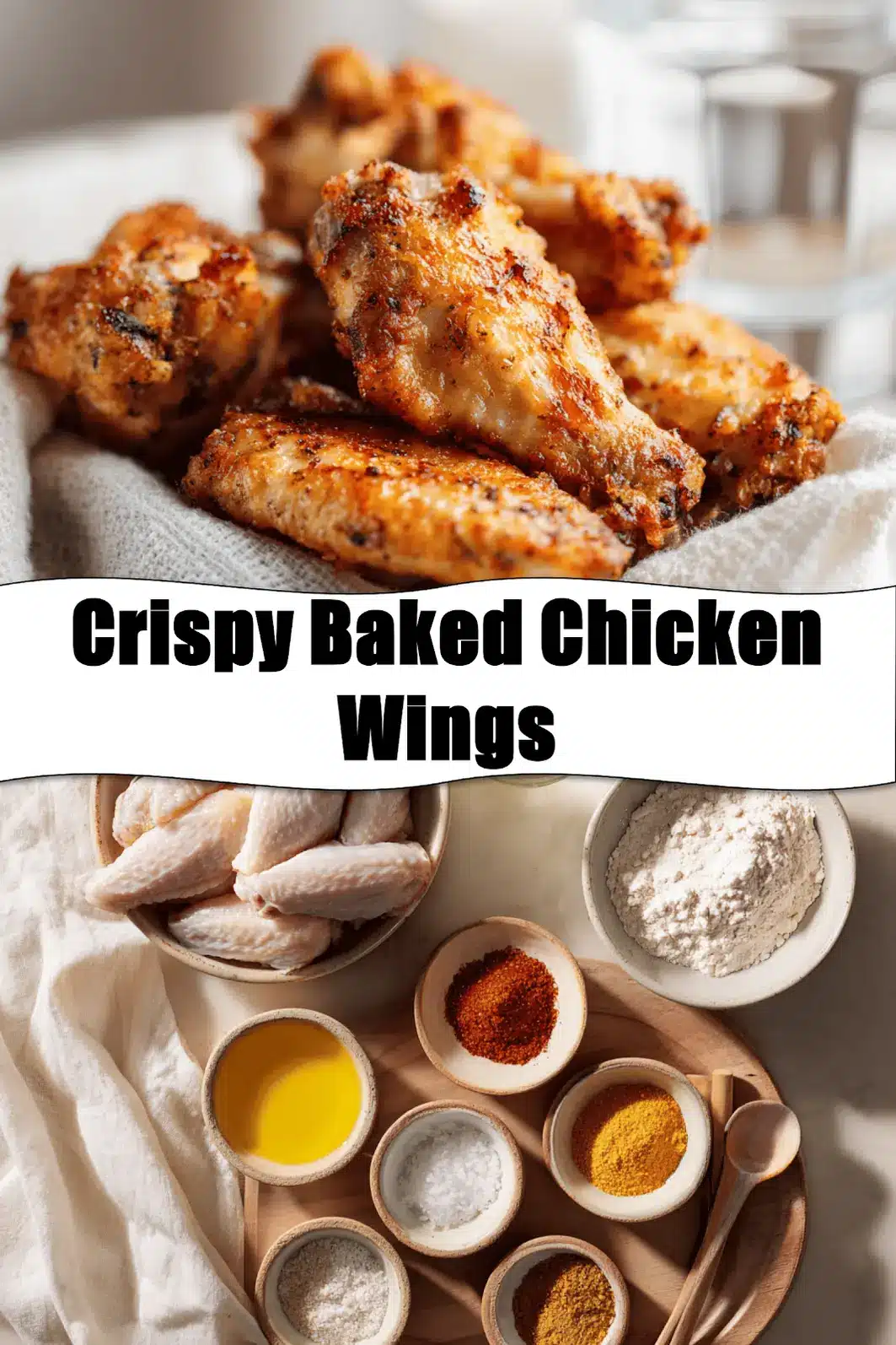 Crispy Baked Chicken Wings on white napkin with clear water glass warm natural light_pin