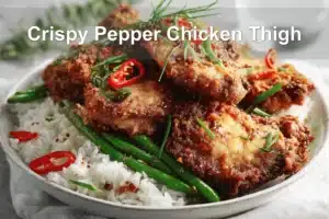 Crispy Pepper Chicken Thigh plated with white rice green beans chili and toasted sesame seeds